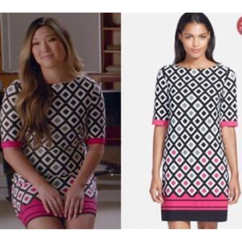 Eliza J Women's Dress Size 8 White Pink Black Shift Half Sleeve Lined Stretch
